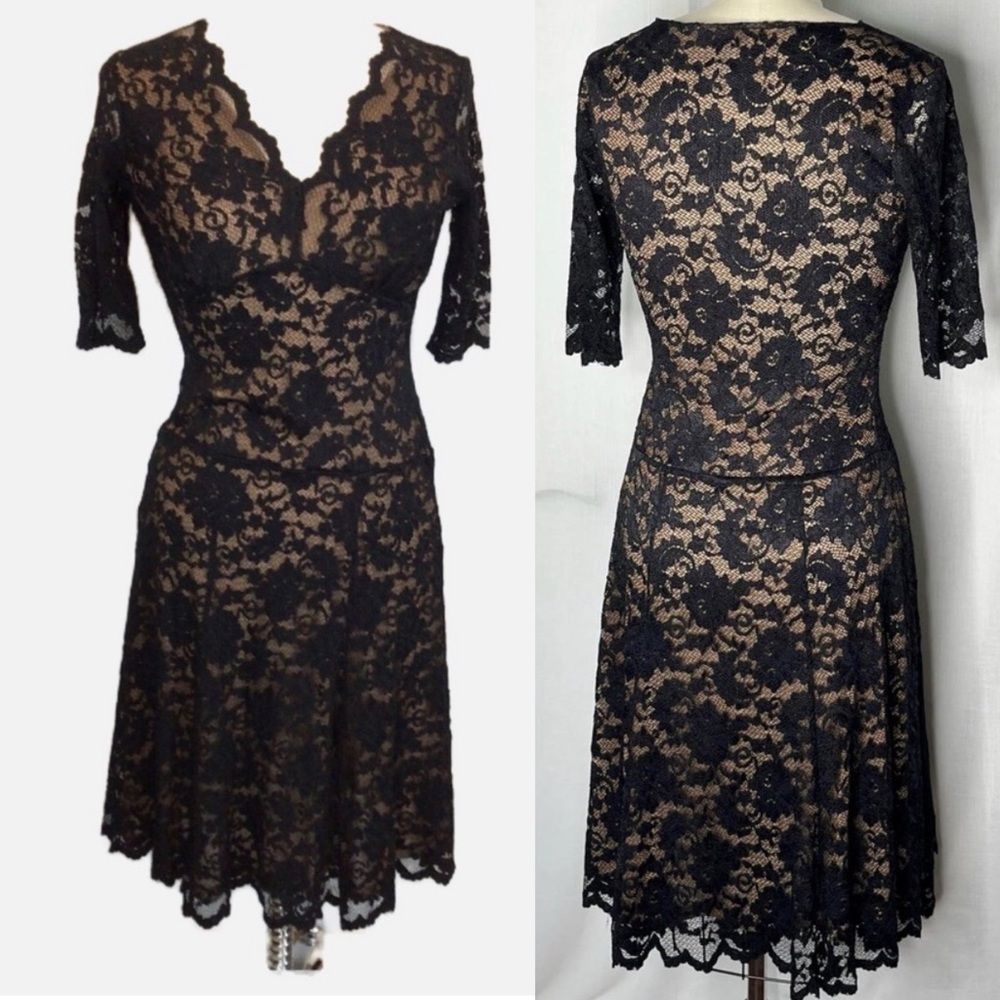 Cabi Black beige underlay Scallop Lace Dress Elbow Sleeve v neck midi #714-M